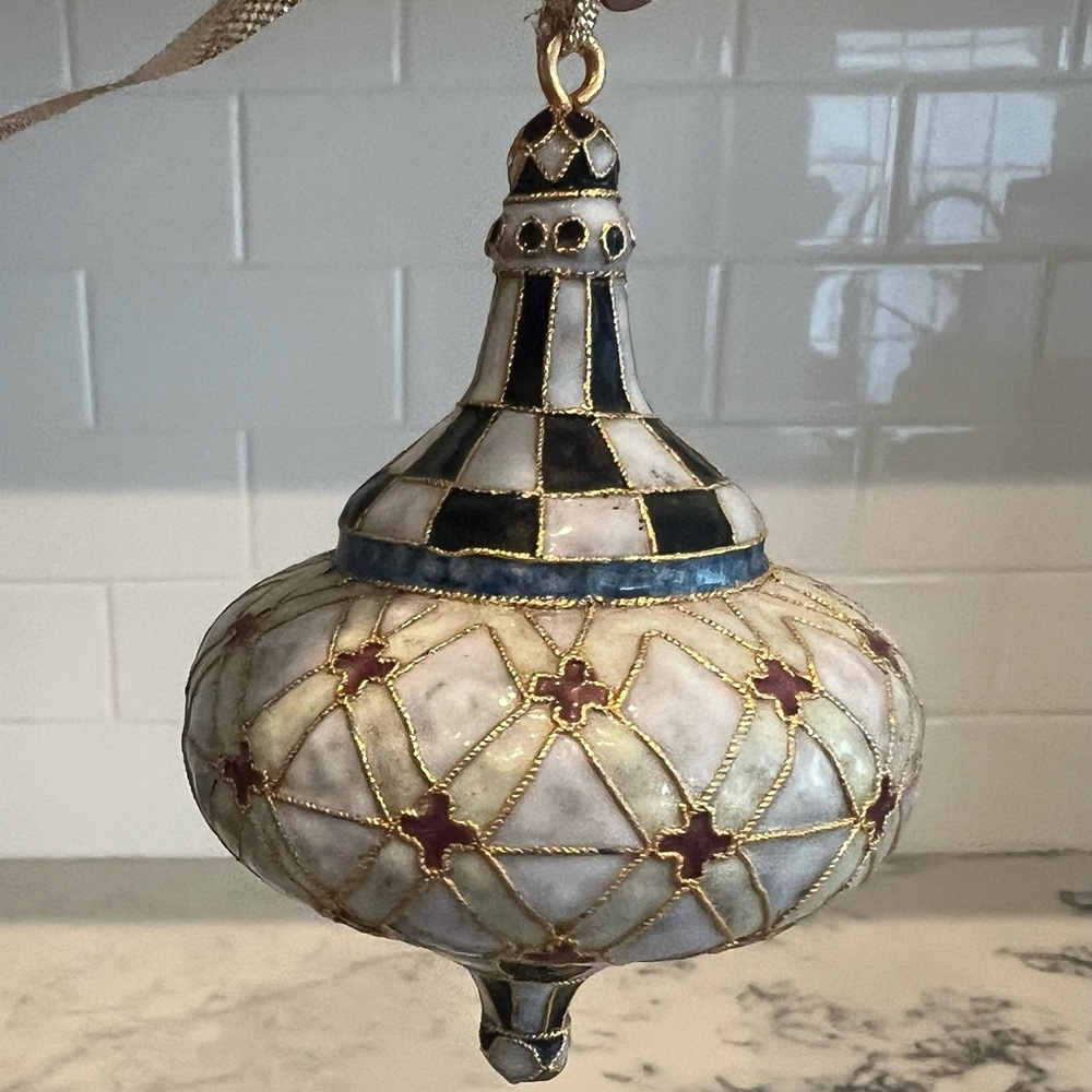 Vintage Fine Cloisonne Christmas Ornament Gold Colored Edging 4”EUC